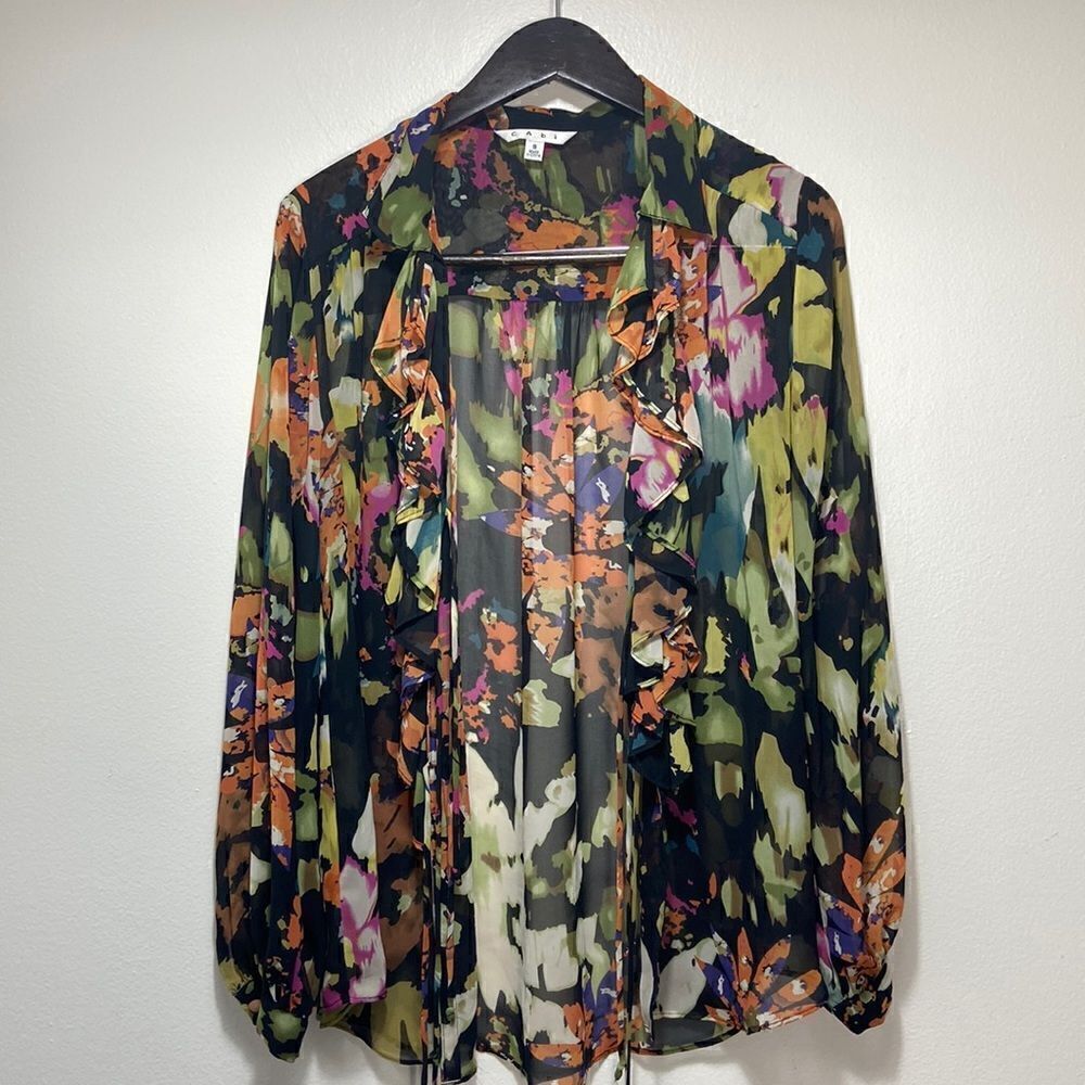 CAbi Cascading Ruffles Tie front Blouse Size S - Picture 2 of 9